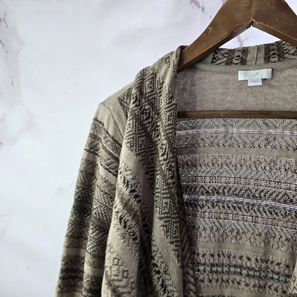 J Jill Cardigan Womens Large Brown Sweater Waterfall Geometric Striped Open Isle - Picture 2 of 12